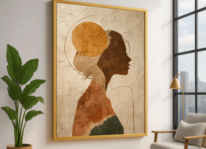 Framed artwork of a woman’s silhouette in warm earth tones symbolizing identity, exploration, and life balance