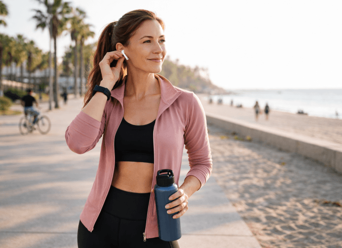 Woman in her late 40s exercising outdoors by the sea, wearing pink sports jacket and holding a water bottle during evening walk