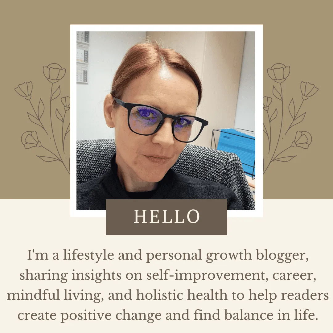 Portrait of Kyra A. Asic, lifestyle and personal growth blogger wearing glasses, sitting in an office chair.