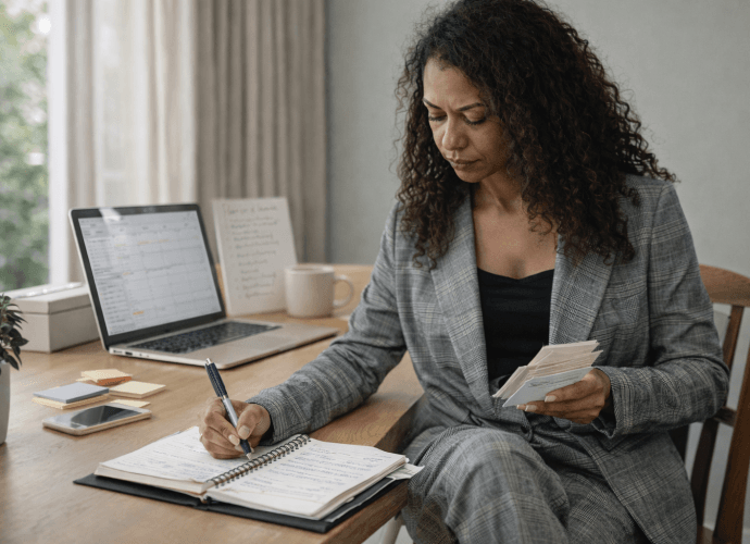 Woman sitting on a sofa reviewing notes and planning tasks, creating a more organized and structured life