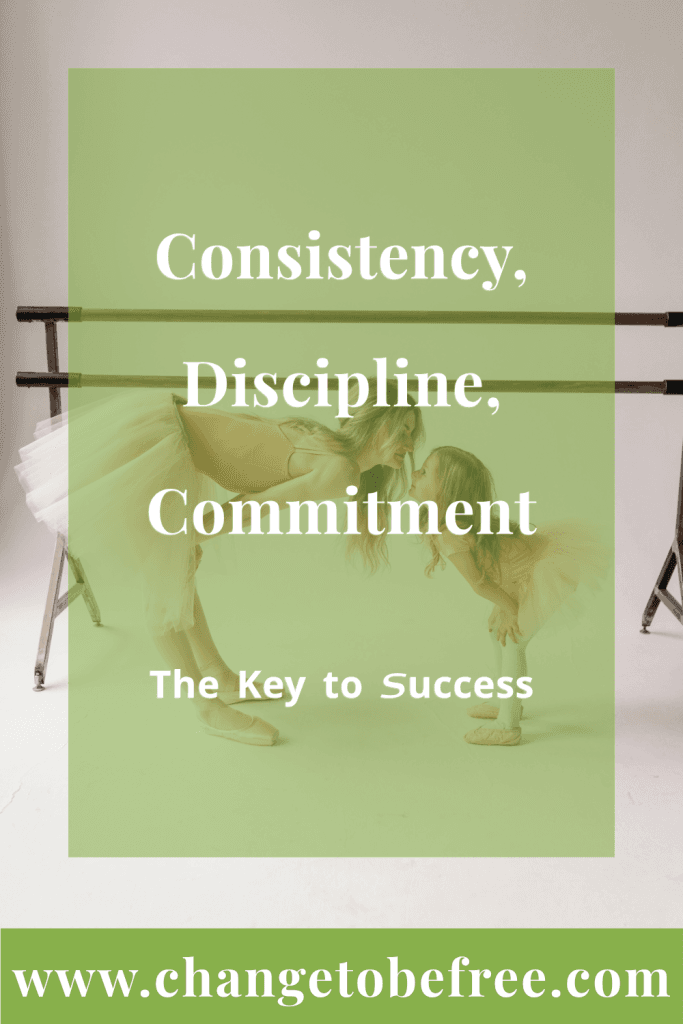 Three essential pillars of success: consistency, discipline, and commitment illustrated with motivational icons and small steps leading to big results.