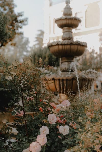Peaceful garden with blooming roses and a vintage fountain, symbolizing self-kindness and emotional healing