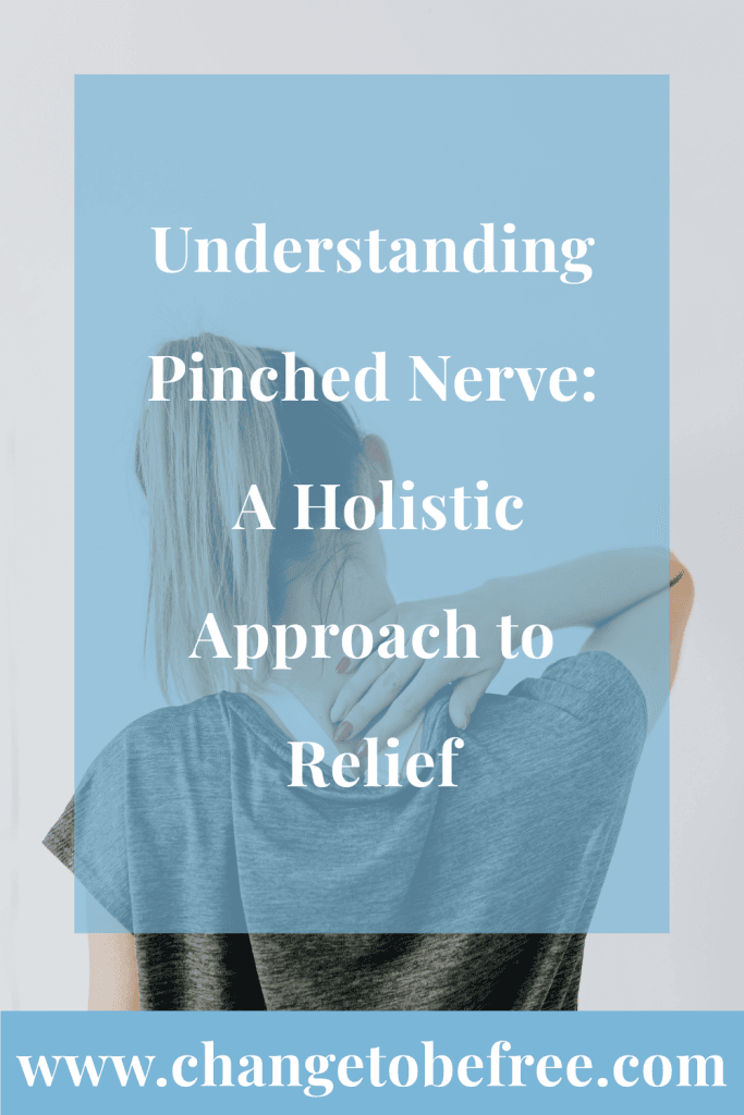 Woman holding her neck and upper back in pain, highlighting discomfort from a pinched nerve.