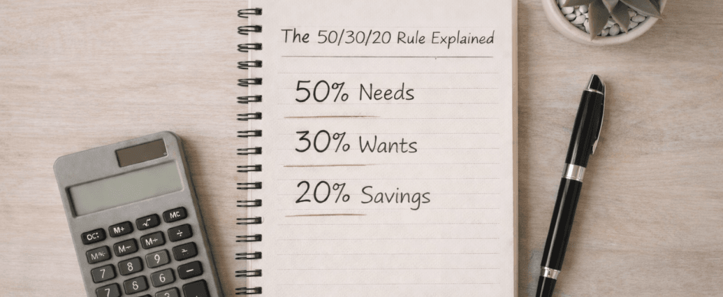 Flat lay of a notebook showing the 50/30/20 budgeting rule with needs, wants, and savings written on the page, next to a calculator and muted olive succulent on a light wooden desk.