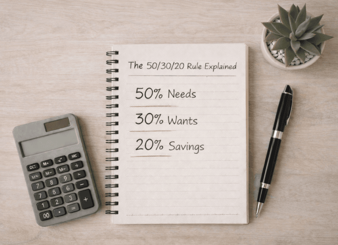 Flat lay of a notebook showing the 50/30/20 budgeting rule with needs, wants, and savings written on the page, next to a calculator and muted olive succulent on a light wooden desk.