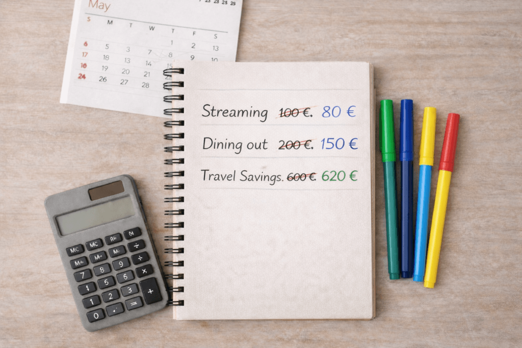 Open spiral notebook showing crossed-out old expenses and newly adjusted amounts in different colors, placed on a light wooden desk with colored markers, a small calendar, and a calculator—symbolizing reviewing and adjusting a monthly budget plan.