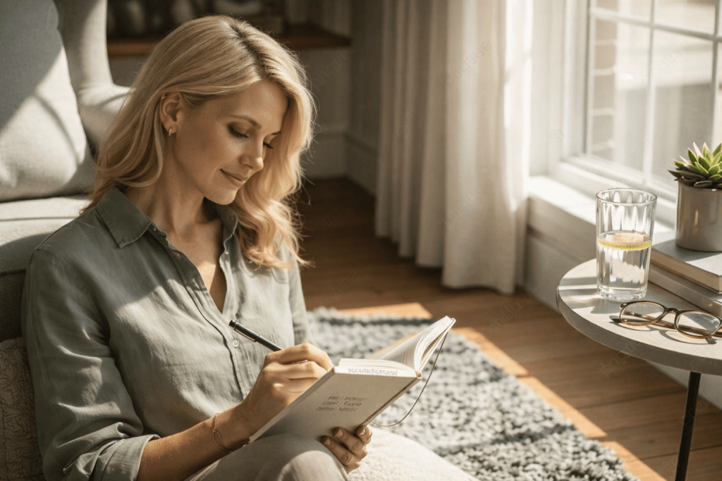 Woman over 40 defining her financial freedom and setting personal money goals in a notebook at home