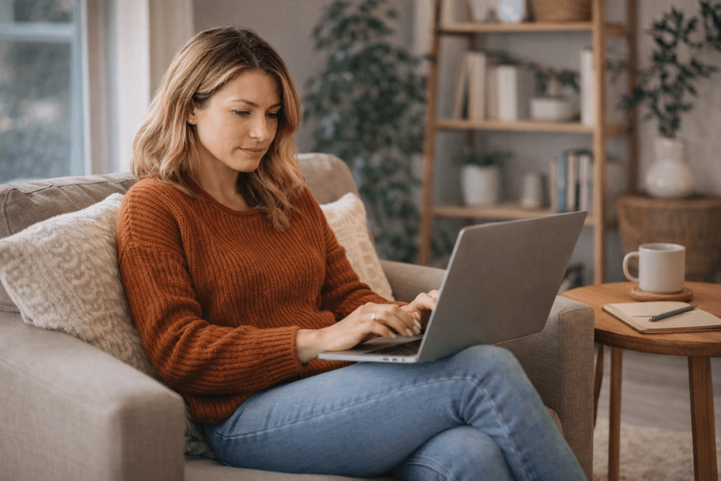 Woman working from home on laptop to expand her income