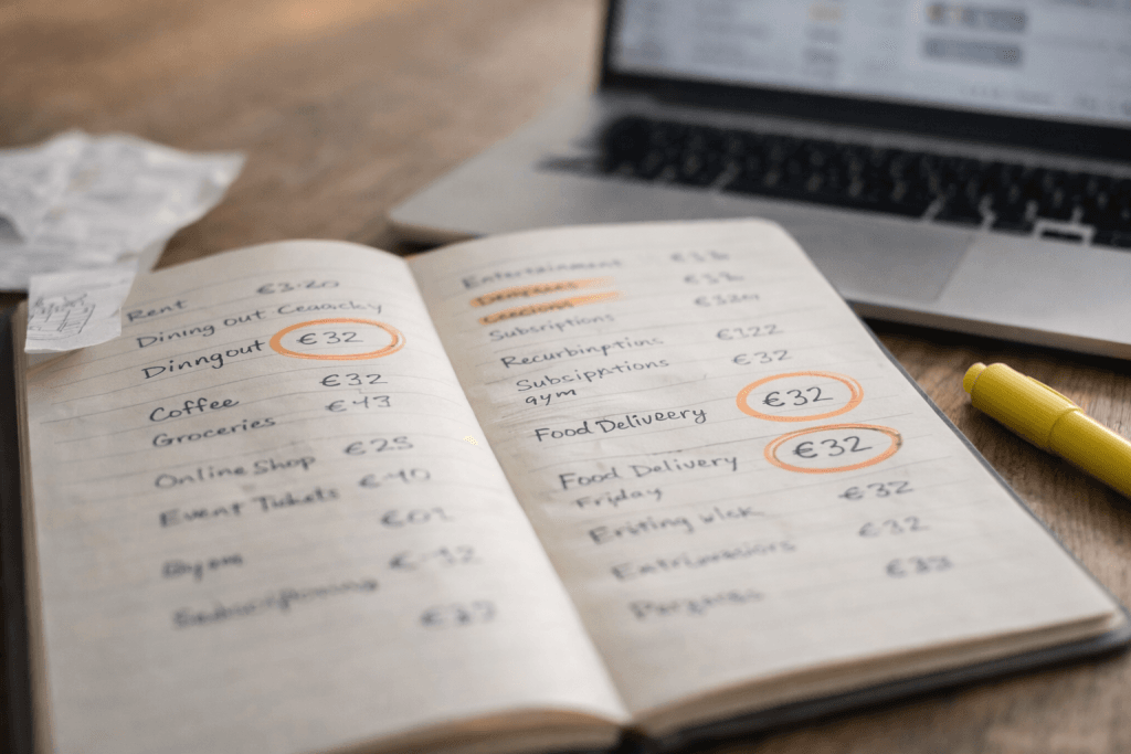 Open notebook on a wooden table showing repeated expense amounts circled in orange, illustrating how to identify spending patterns and money leaks in a monthly budget.
