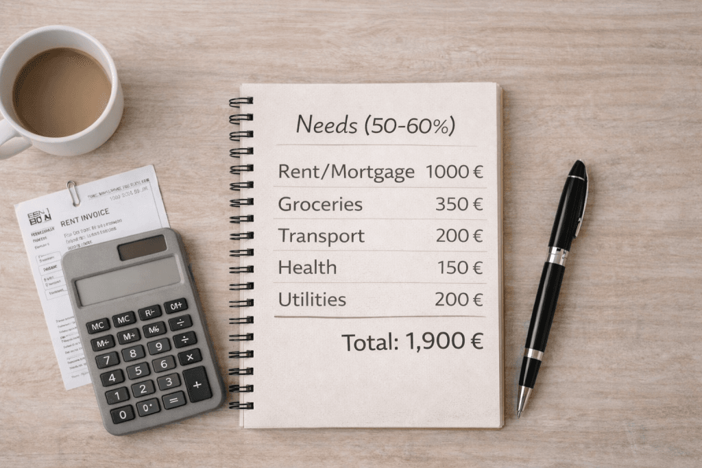 Minimal flat lay of a notebook titled “Needs (50–60%)” listing rent, groceries, transport, health, and utilities with a total of 1,900 €, alongside a calculator and pen on a neutral desk, illustrating fixed monthly costs within the 50/30/20 budgeting rule.