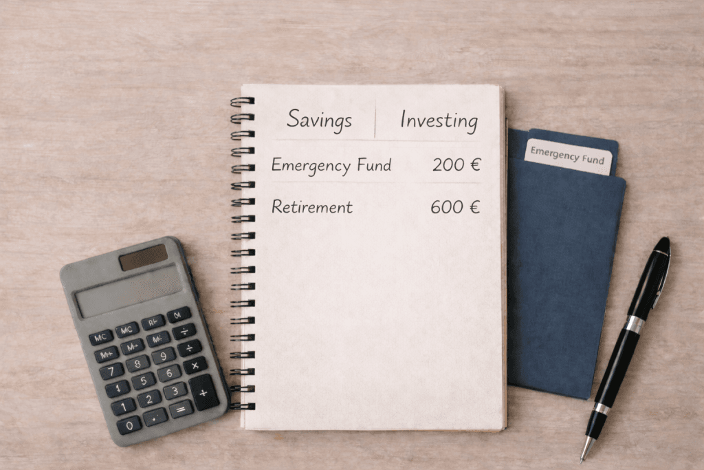 Open spiral notebook labeled “Savings | Investing” with two entries: “Emergency Fund 200 €” and “Retirement 600 €,” placed on a light wooden desk with a minimalist calculator, blue folder, and black pen arranged neatly around it.