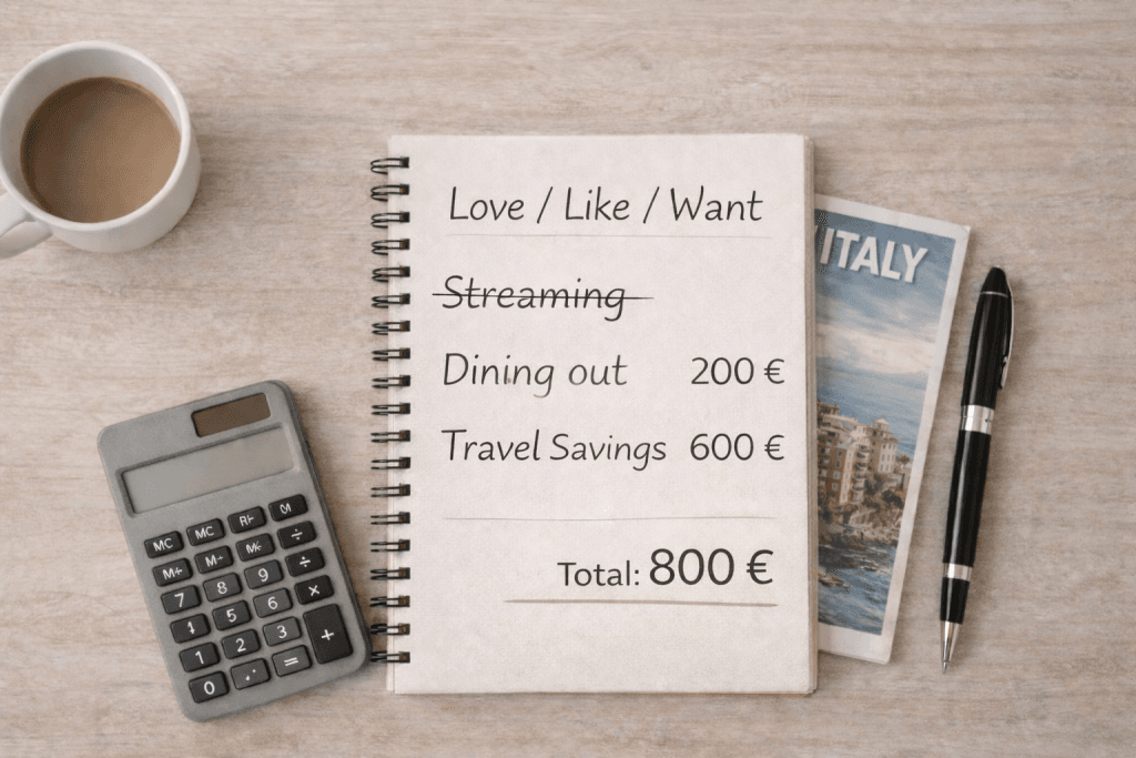 Minimal flat lay of a notebook titled “Love / Like / Want” listing Dining out 200 € and Travel Savings 600 € with a total of 800 €, alongside a calculator, coffee cup, and subtle travel brochure, illustrating conscious spending choices within the 50/30/20 budgeting rule.
