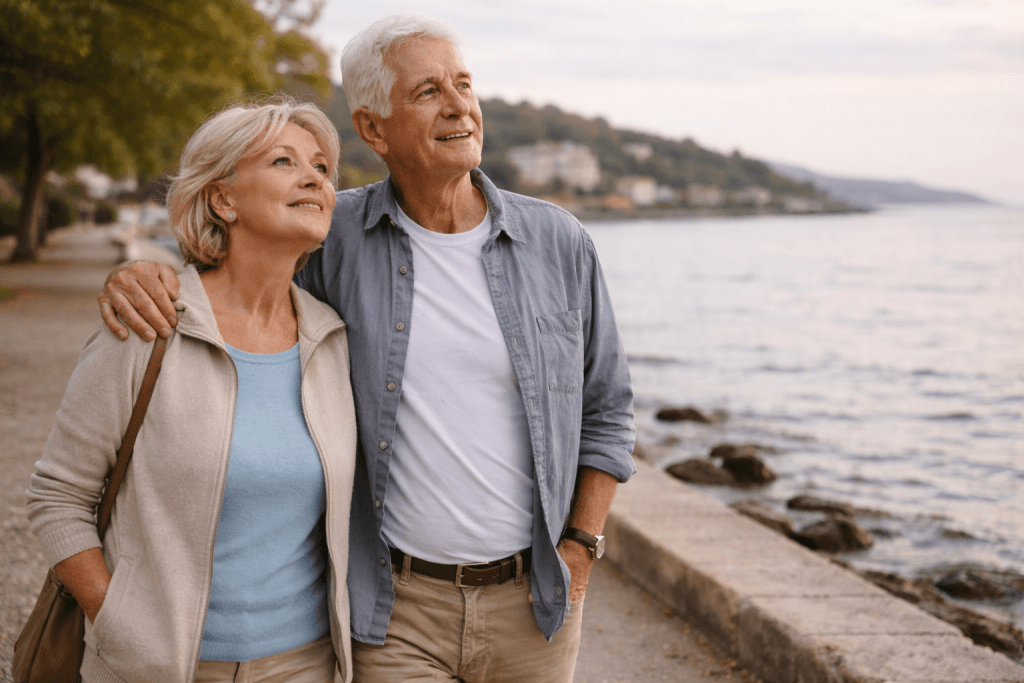Couple in their 60s enjoying a seaside walk while imagining their retirement lifestyle and financial freedom