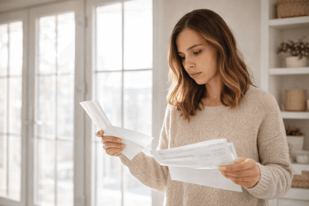 Woman reviewing bills at home and analyzing personal finances
