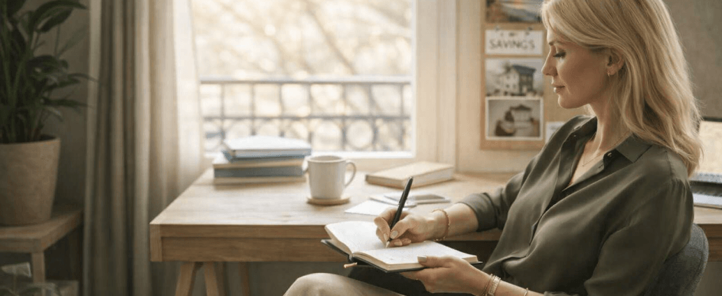 Woman over 40 writing financial goals in a notebook at home, visualizing her future and planning money intentions in soft natural light