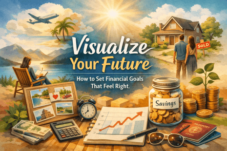 Woman visualizing financial future with savings jar, vision board, home and travel goals, representing intentional financial planning and money goals