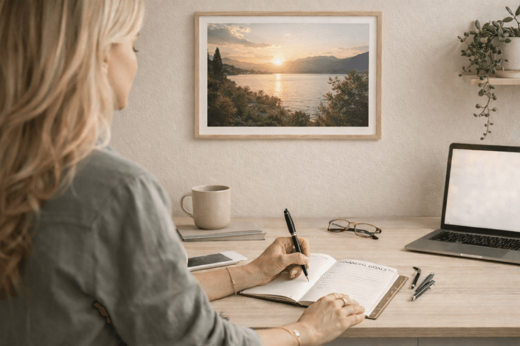 Stylish woman over 40 writing SMART financial goals in her planner while planning her financial future