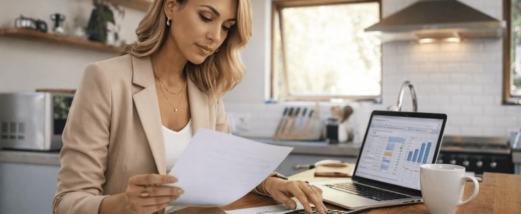 Stylish woman in her 40s reviewing financial documents and using a calculator at home to analyze spending habits and track expenses.