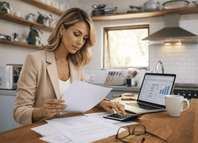 Stylish woman in her 40s reviewing financial documents and using a calculator at home to analyze spending habits and track expenses.