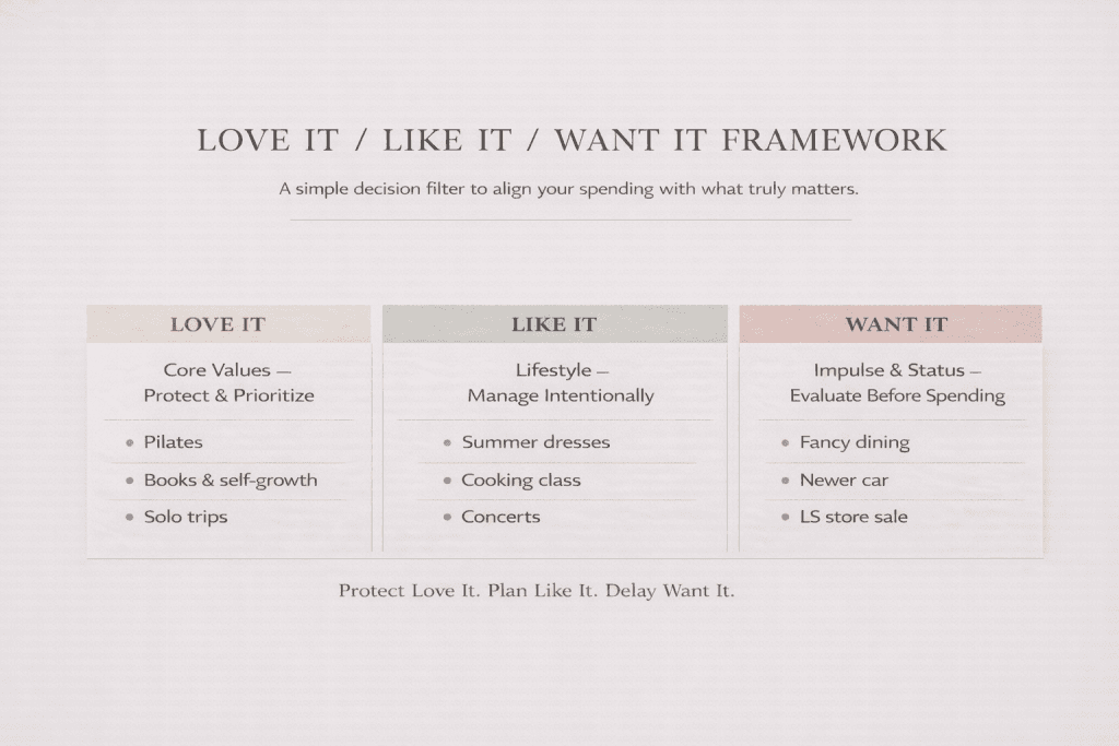 Love It Like It Want It framework model for aligning spending with financial priorities and core values