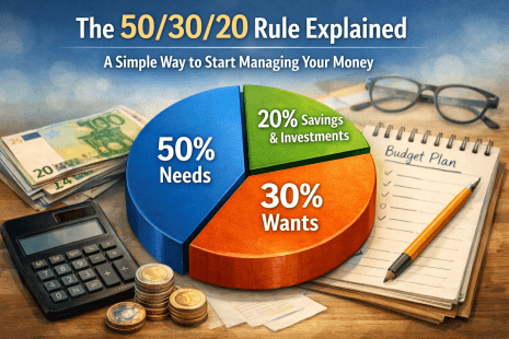 Illustration explaining the 50/30/20 rule for budgeting, showing income divided into needs, wants, and savings to create financial clarity and balance