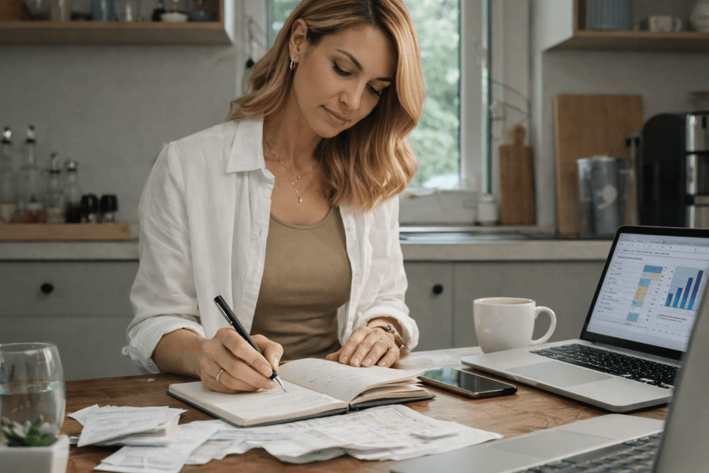 Woman in her 40s tracking monthly expenses in a notebook while reviewing receipts and budget spreadsheet at home.