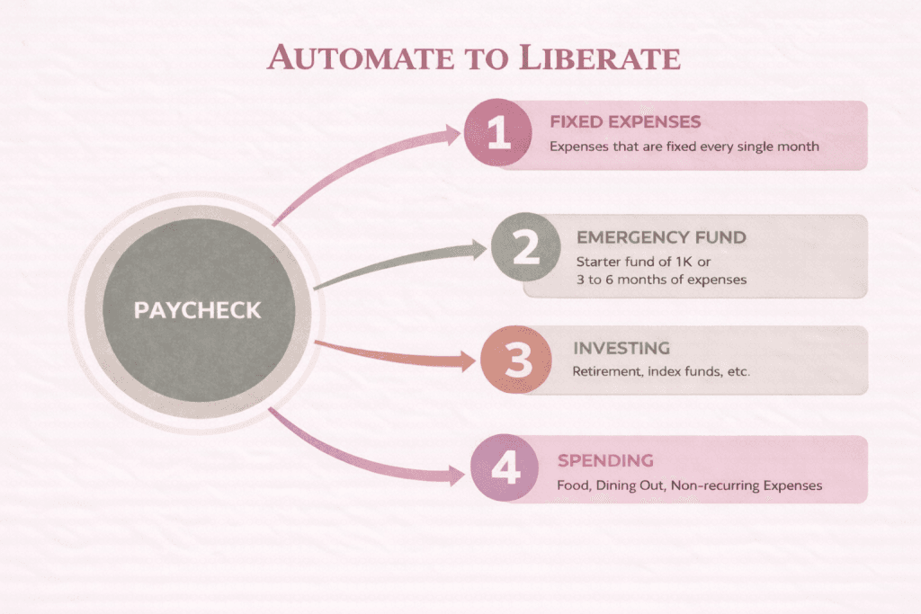 Infographic titled “Automate to Liberate” showing a paycheck circle connected to four automated categories: Fixed Expenses, Emergency Fund (starter fund of 1K or 3 to 6 months of expenses), Investing, and Spending.