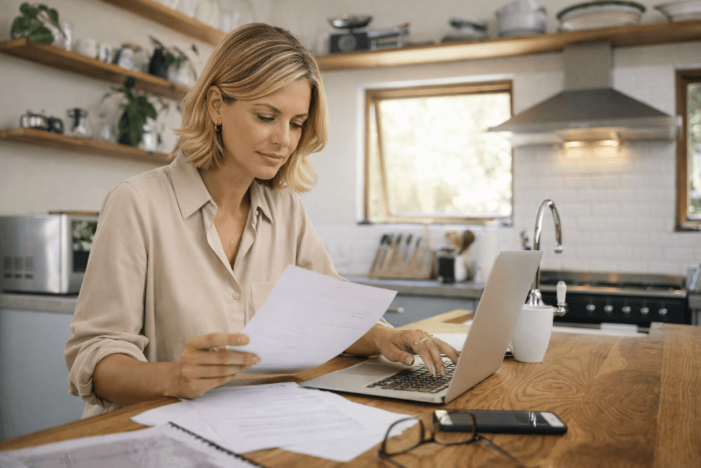 Woman in her 40s reviewing bills and typing on a laptop at home kitchen table, organizing her finances calmly