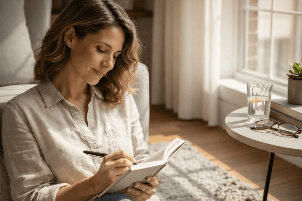 AVM method for money mindset transformation showing a woman analyzing finances, visualizing financial freedom, and modifying money habits step by step