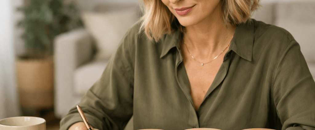 Stylish woman over 40 organizing finances with jars labeled bills, future and joy using a percentage-based automated budgeting system