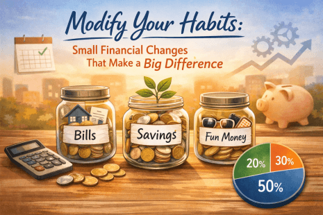 Modify your habits with a calm, automated money system – jars labeled bills, savings and fun money showing percentage-based budgeting for women over 40.