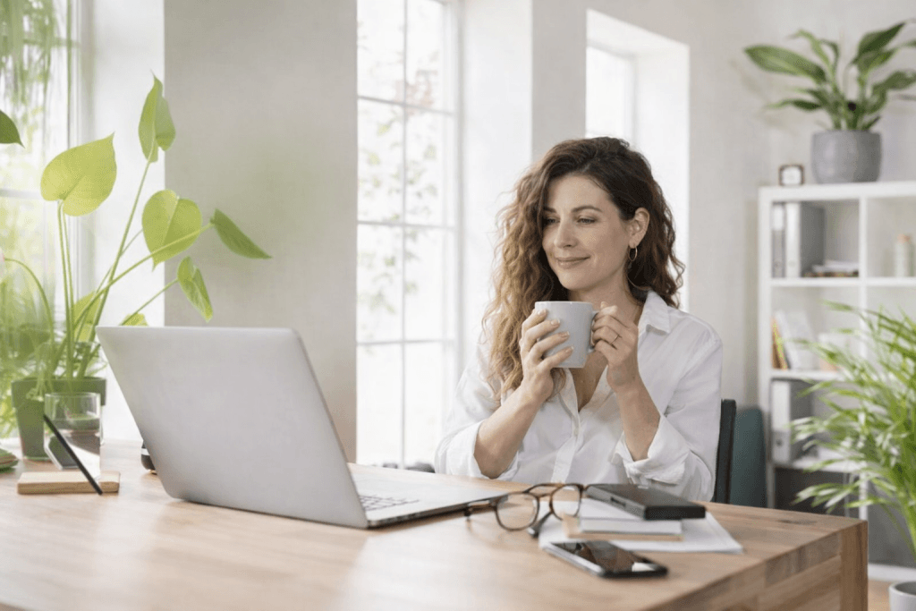 Woman over 40 working remotely from home, holding a coffee mug while building freelance income on her laptop.