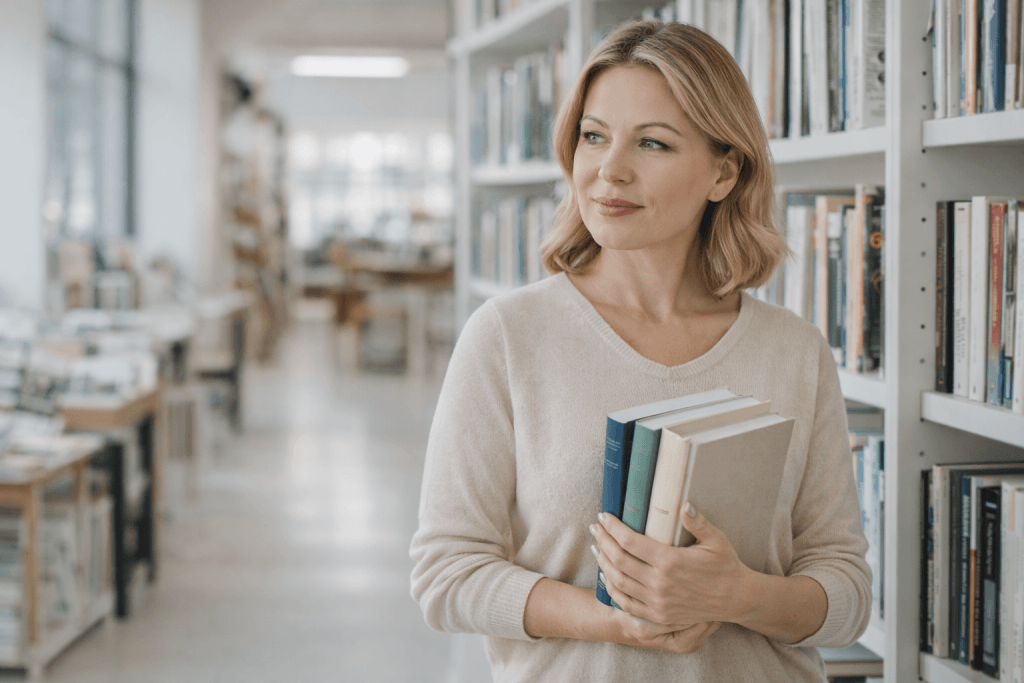 Woman in her 40s holding three books in a bright bookstore, representing mindful free spending within a structured budget