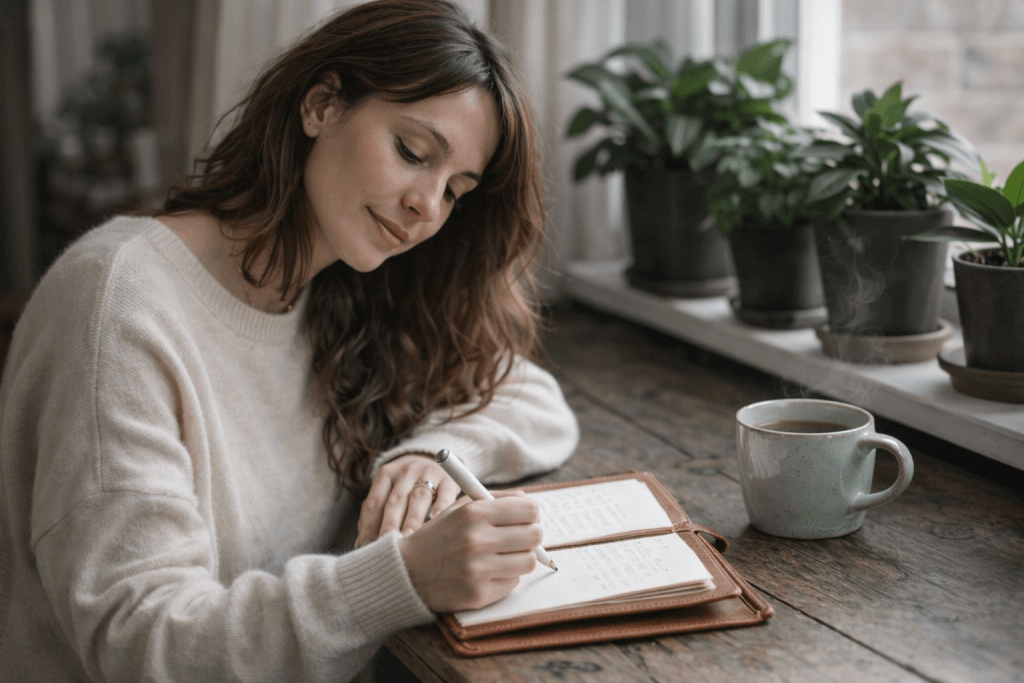 Woman in her early 40s journaling by a window with dark green plants, reflecting on her emotional relationship with money during burnout recovery