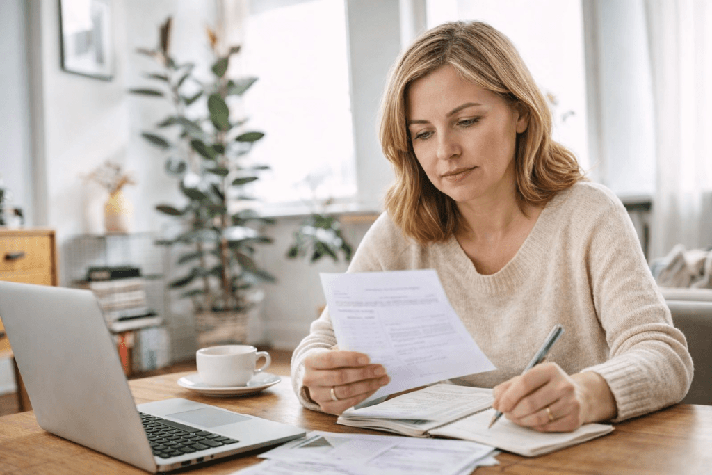White woman in her 40s reviewing bills and writing notes at her laptop during financial recovery after burnout