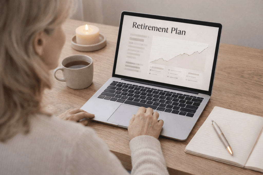 Woman over 40 reviewing her retirement investment plan on a laptop in a calm, neutral home setting