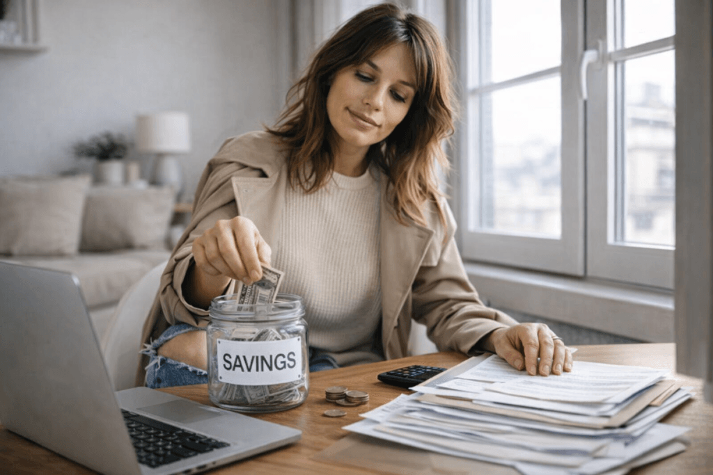 Fashionable woman in her early 40s setting up small savings and organizing bills calmly at home with laptop and calculator