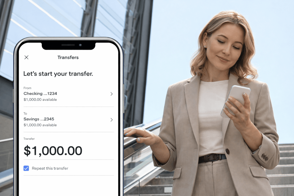 Stylish woman in her 40s transferring money to her emergency savings fund using a banking app on her smartphone