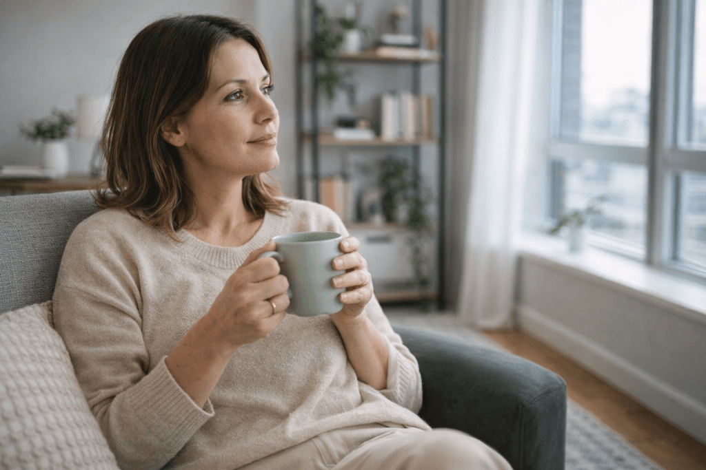 Woman in her early 40s sitting in a modern living room holding a coffee mug and looking calmly out the window while reflecting on her financial future