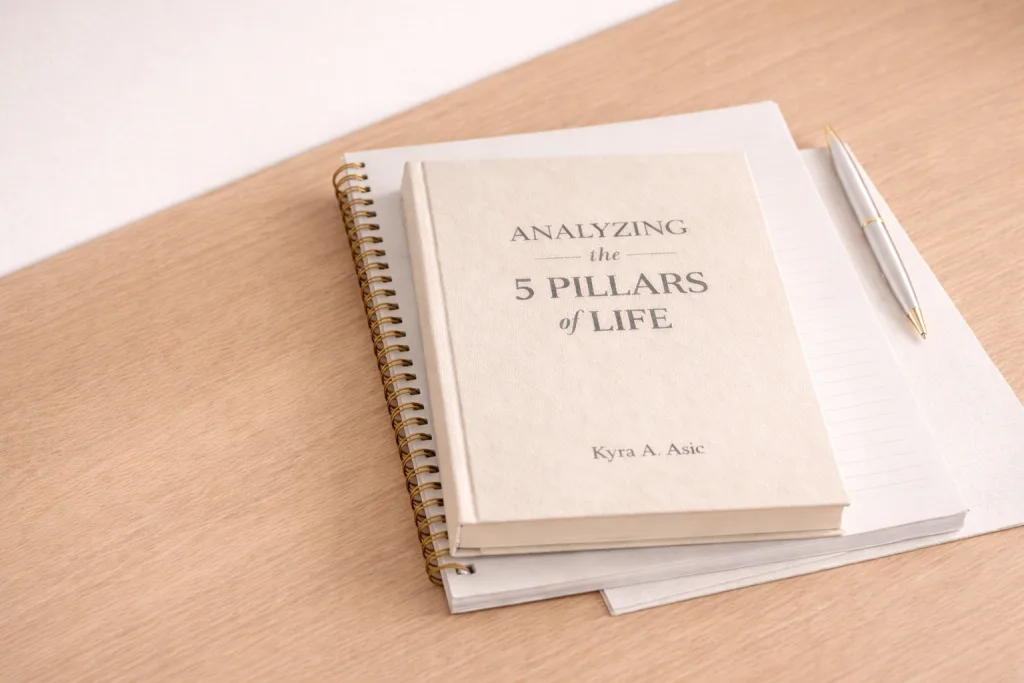 Analyzing the 5 Pillars of Life workbook for personal growth and life audit on relationships, career, health, hobbies, and living space